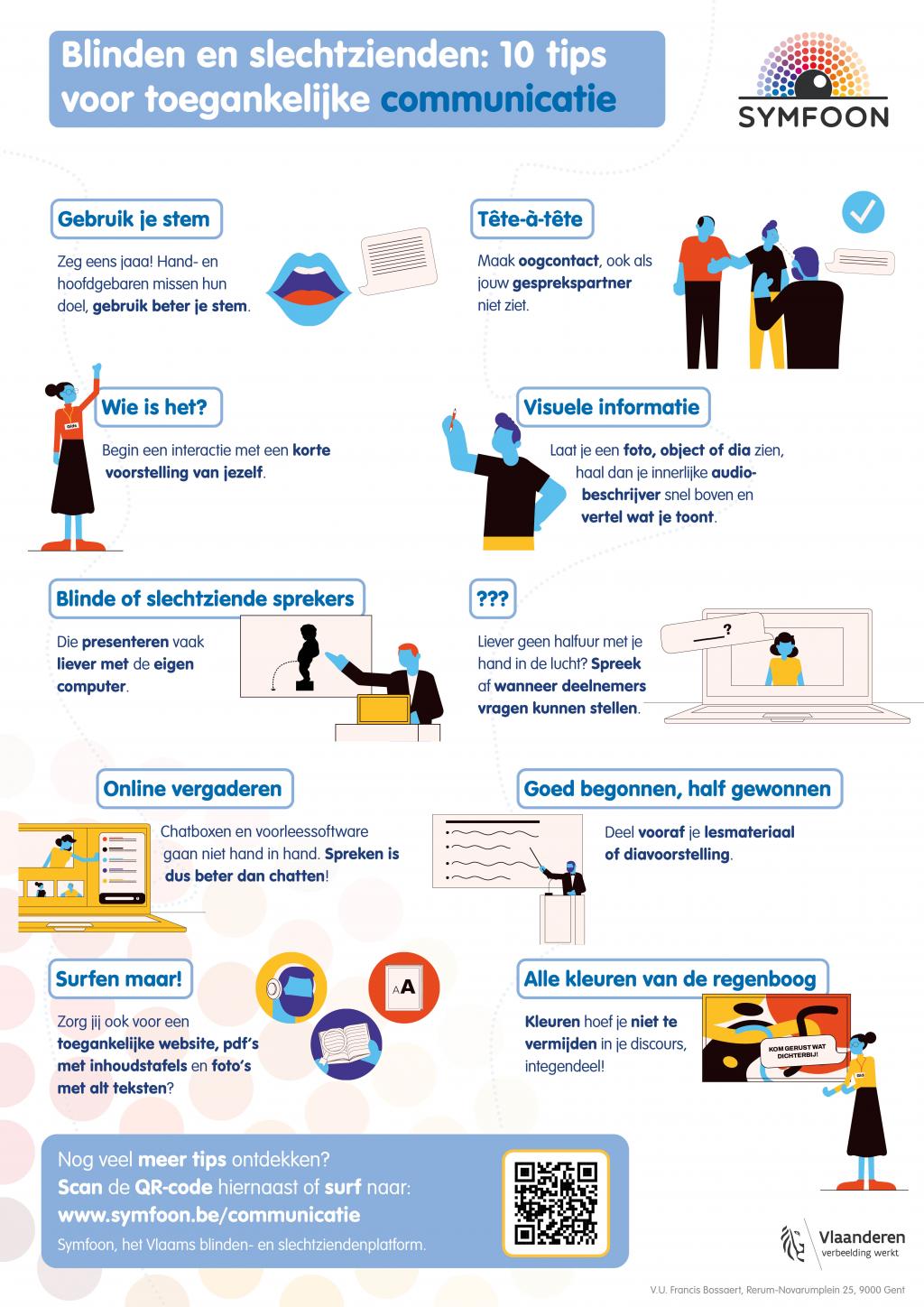 Een affiche met tien tips voor toegankelijke communicatie, inclusief illustraties.