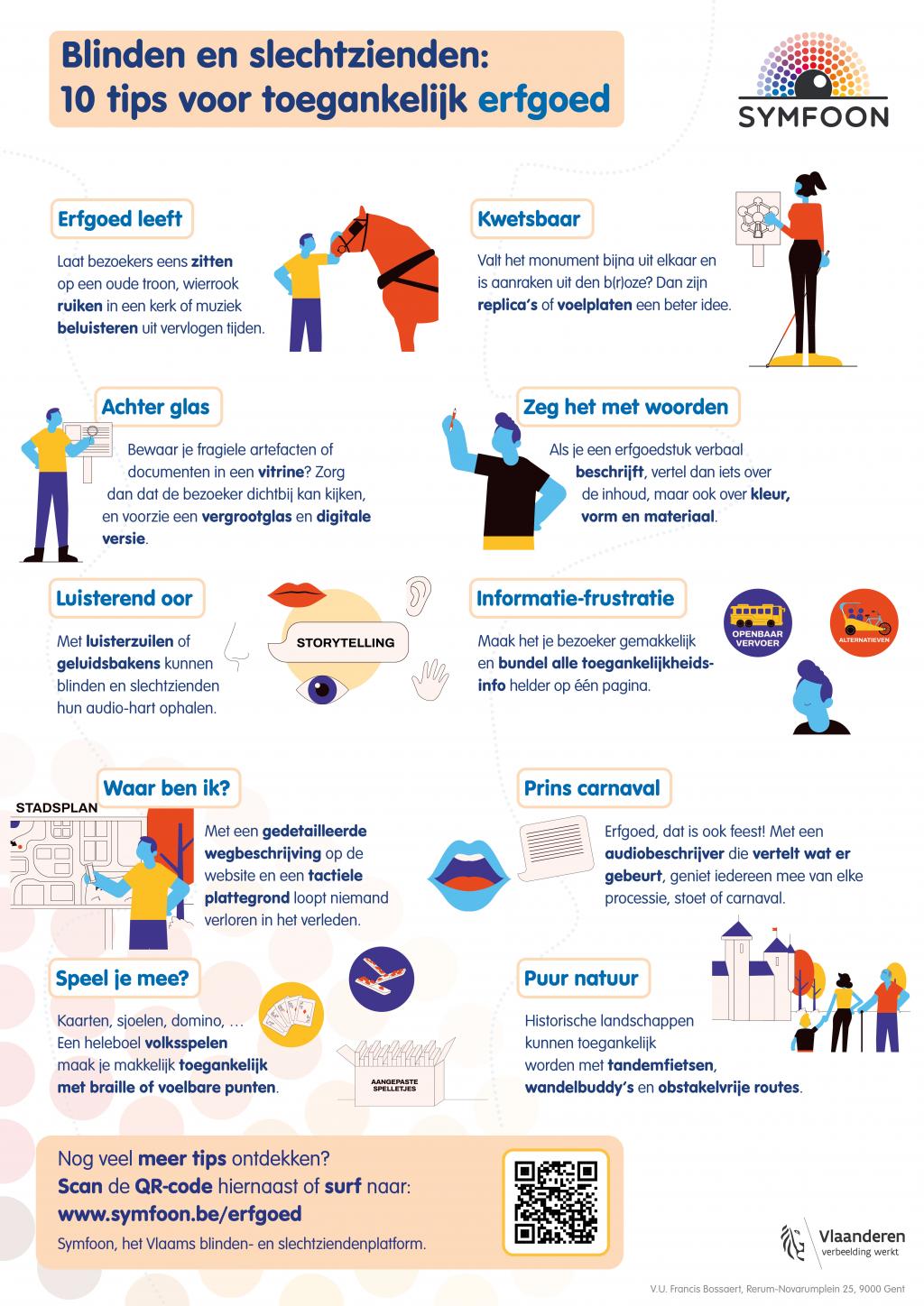 Een affiche met tien tips voor toegankelijk erfgoed, inclusief illustraties.