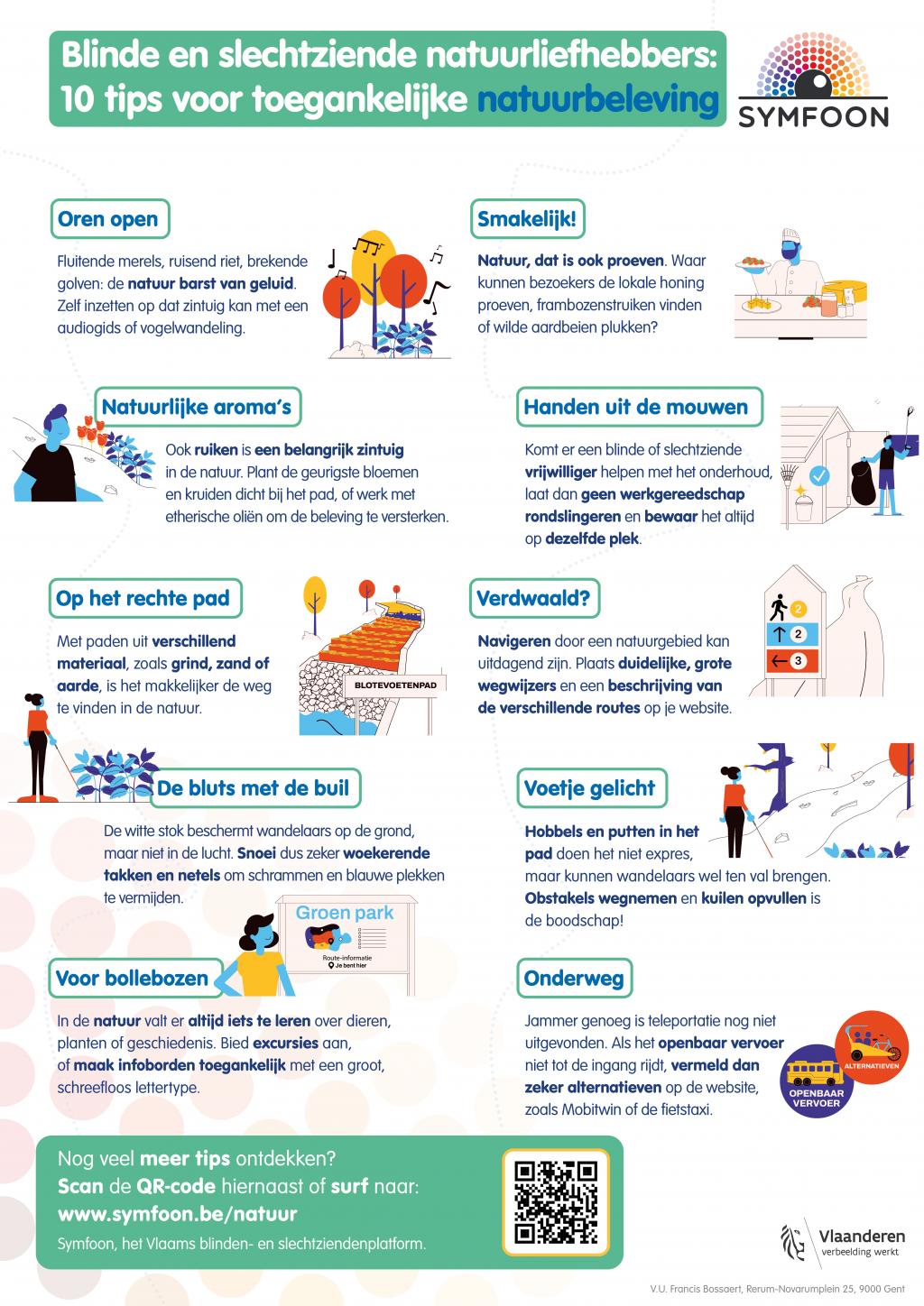 Een affiche met tien tips voor toegankelijke natuurbeleving, inclusief illustraties.