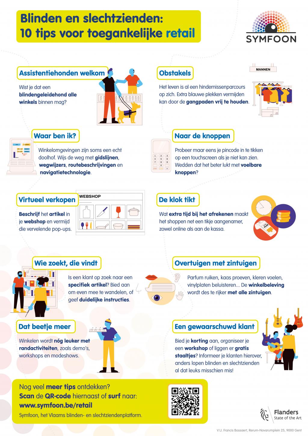 Een affiche met tien tips voor toegankelijke retail, inclusief illustraties.